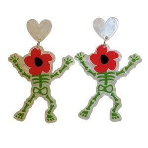 Skeleton Flower Dangle Earrings Green Red Heart‎ Acrylic Halloween Novelty Gift